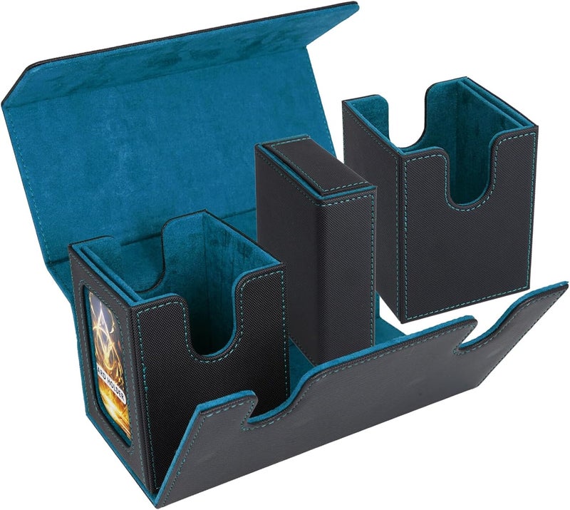 AFIING MTG Commander Card Storage Box - Fits 200 Double Sleeved Cards,3-in-1Card Deck Case,Strong Magnet Card Organizer For Magic Commander TCG CCG,4Dividers &2 Toploaders, Black/Cyan - Image 4